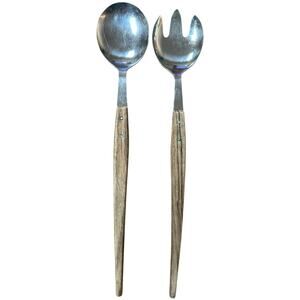 Vintage 60"s Stainless Steel Wooden Handles Salad Serving Set Made In Japan